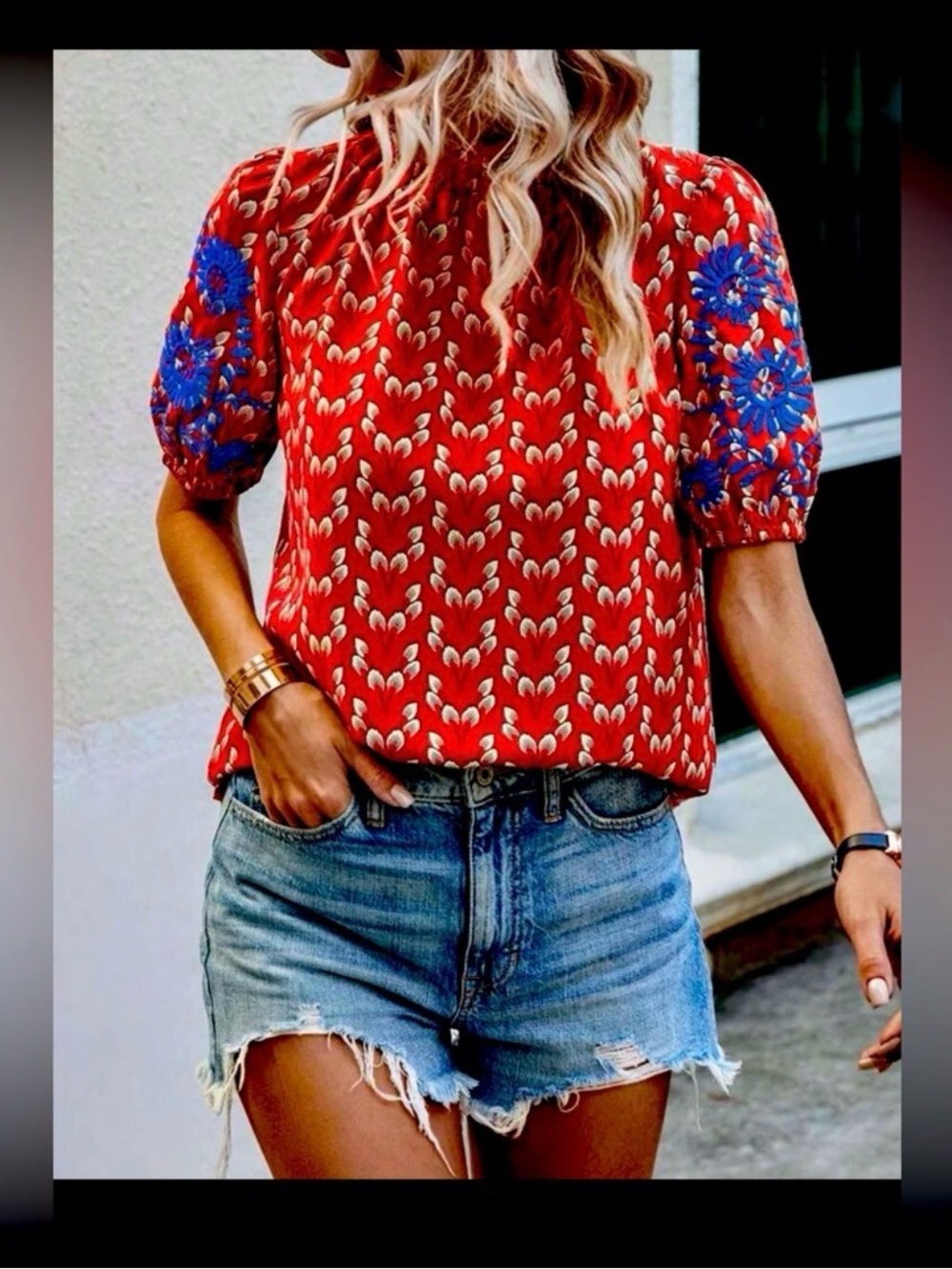 SHEIN Red Blouse with Blue Floral Puff Sleeves